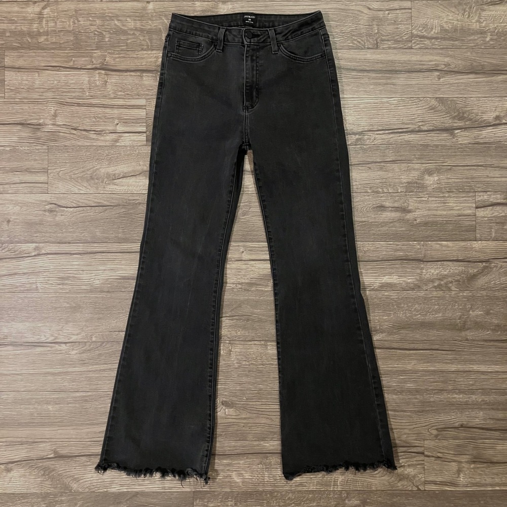 Just Black Denim Flare Jeans Women's Size 29 Black Faded Raw Hem High Rise